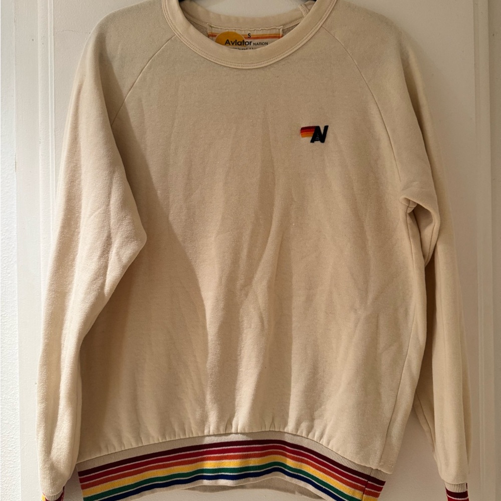 Aviator Nation Cream Crewneck w/ Multicolor Stripes. Excellent condition. Small
